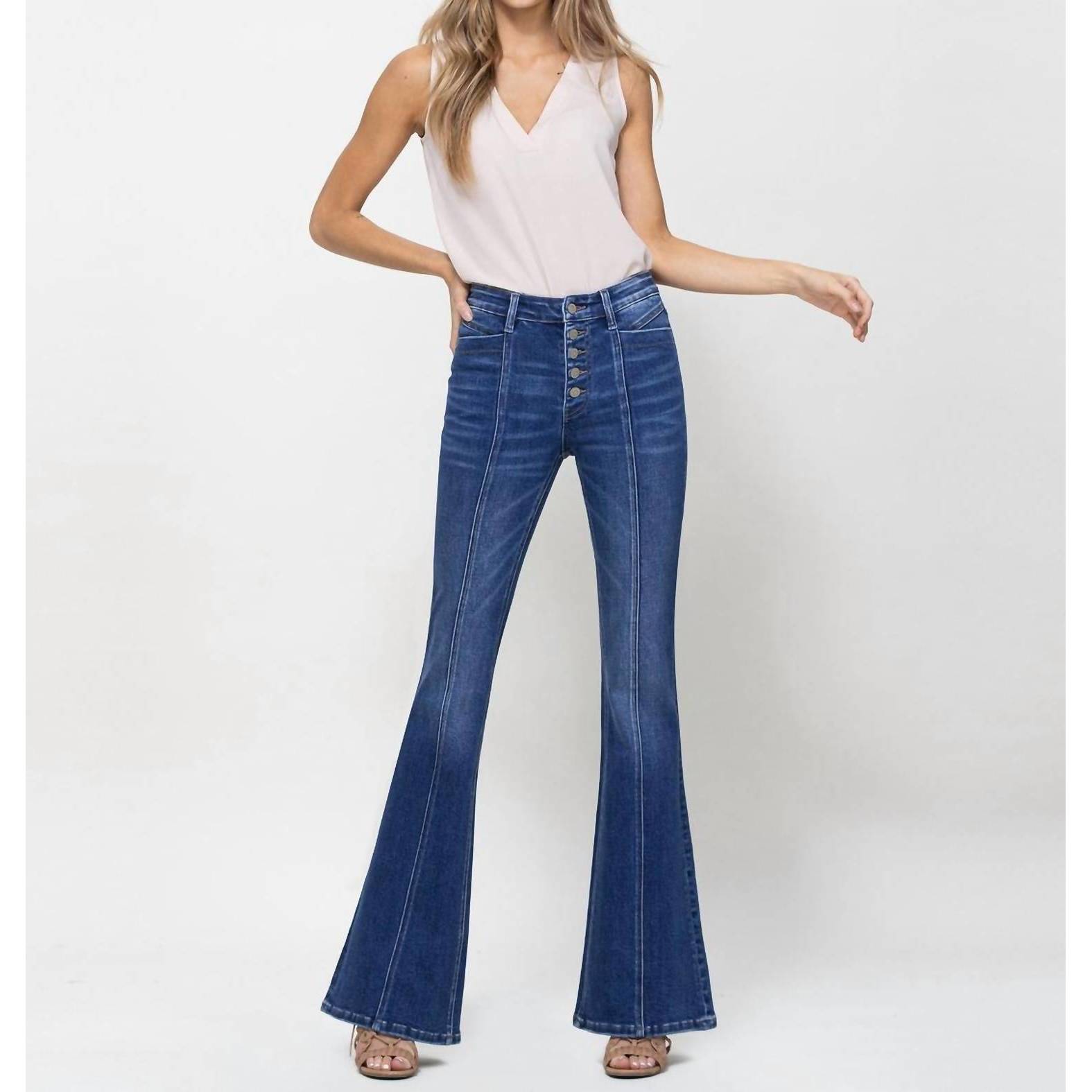 New Flying Monkey High Rise Flare With Seamed Front Jean In Blue